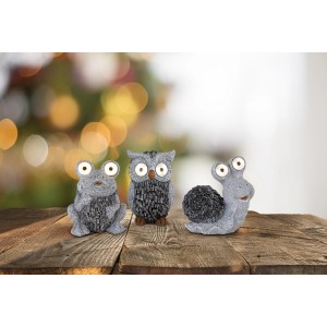 Globo Solar-Deko: LED-Eule, Frosch und Schnecke aus grauem Kunststoff für den Garten.