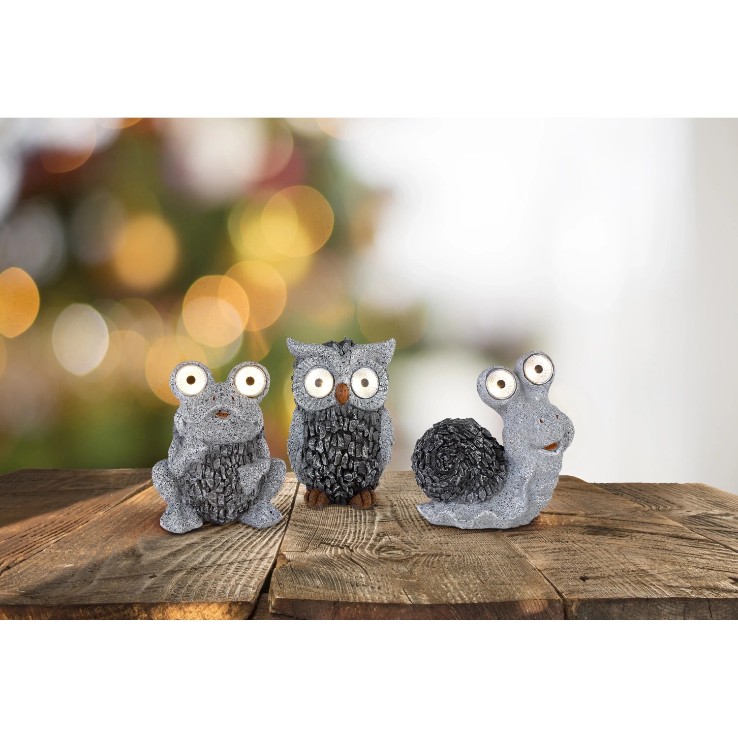 Globo Solar-Deko: LED-Eule, Frosch und Schnecke aus grauem Kunststoff für den Garten.