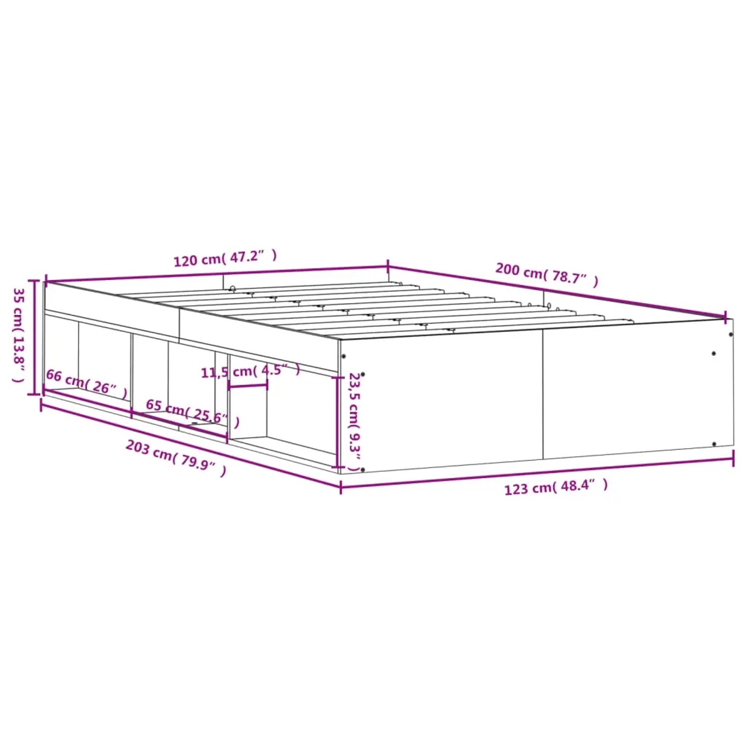 Bettgestell in Braun Eichen-Optik, 120x200 cm, mit Stauraumfächern.