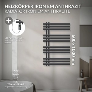 Anthrazitfarbener LuxeBath Badheizkörper Iron EM 600x1000mm mit digitalem Heizstab (600W).