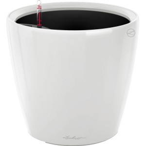 Weißer, hochglänzender Lechuza Classico LS 28 Übertopf mit Bewässerungssystem.