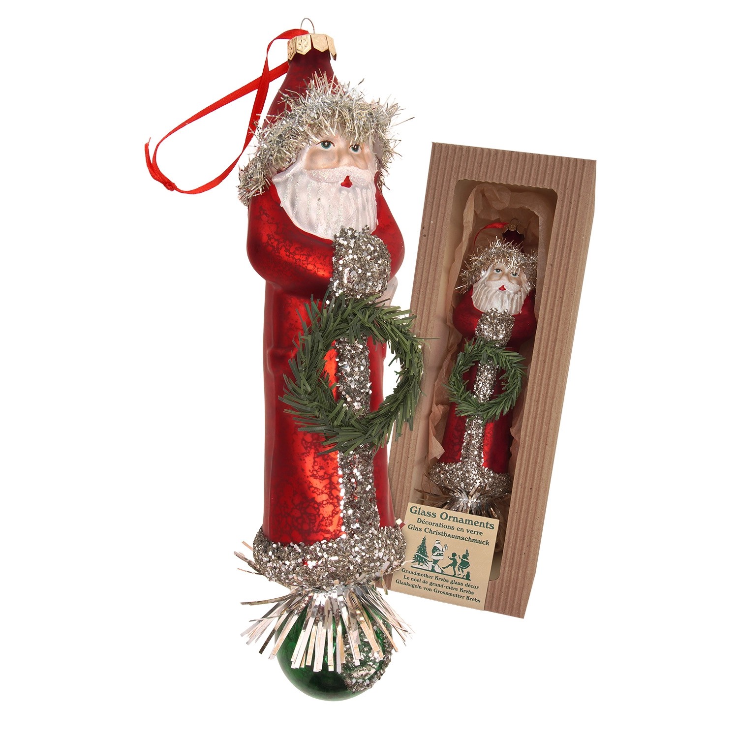 Krebs Glas Lauscha Baumschmuck Santa mit Kranz Nostalgie Rot 22cm günstig online kaufen