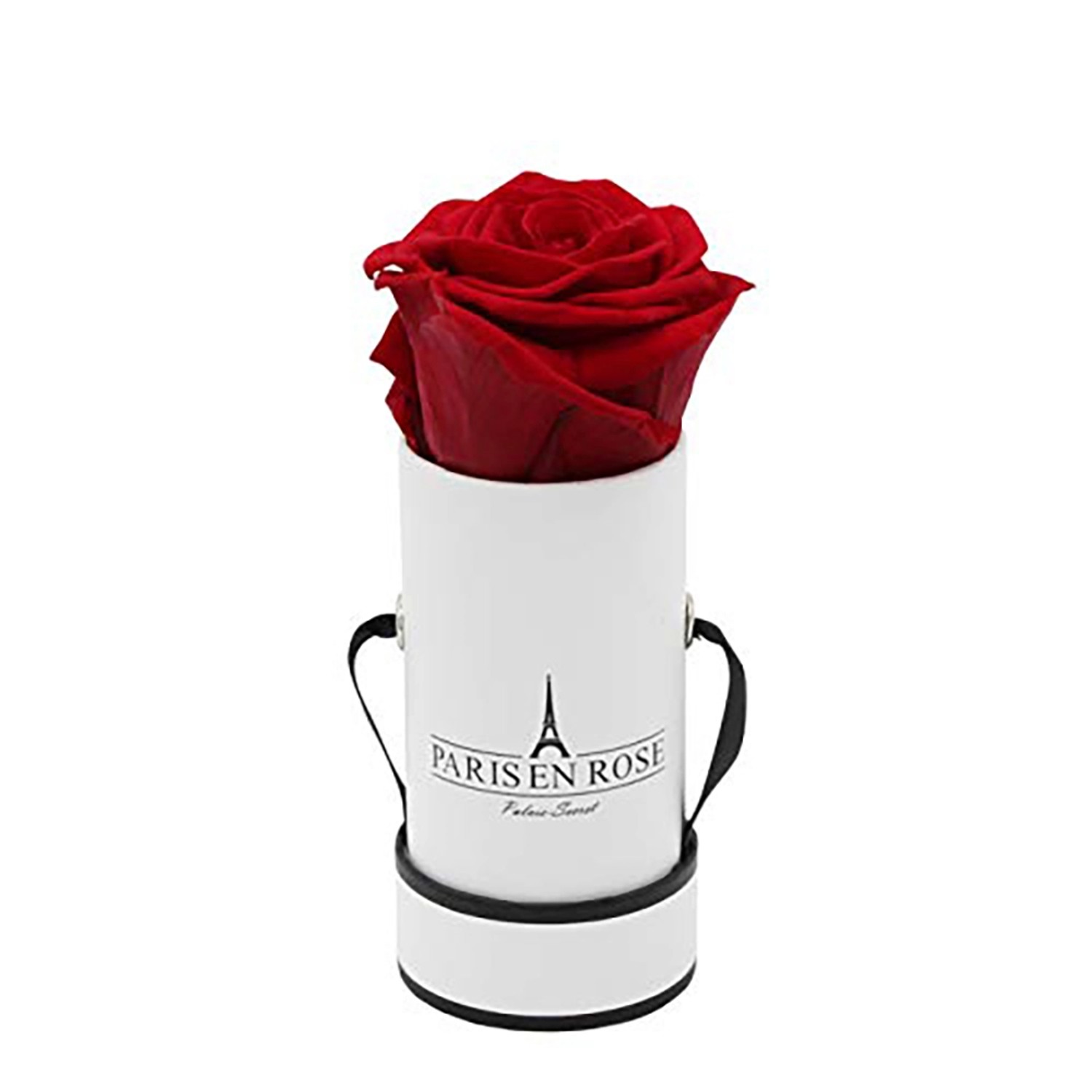 Rosenbox Ø 5 cm Weiß-Schwarz mit einer Bordeaux Rose