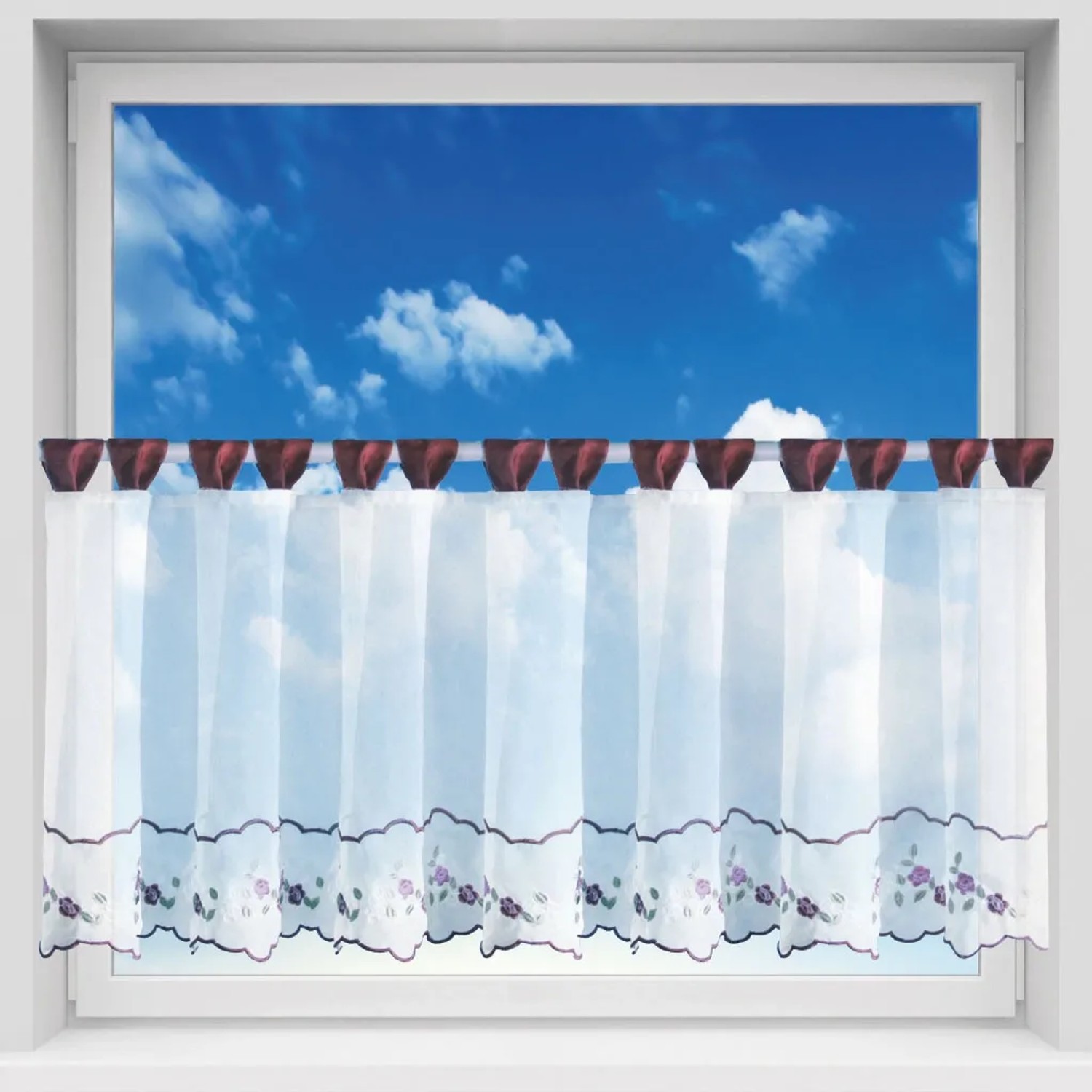 Weinrote Bistrogardine mit Blumenmuster und Schlaufen, 150x45 cm, für eine gemütliche Fensterdekoration.