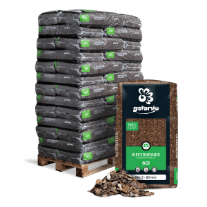 Palette Galamio Kiefernrinde Mix, 39 Säcke à 60l. Rindenmulch zur Bodenabdeckung und Unkrauthemmung.