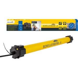 Schellenberg Funk-Rolladenmotor Maxi Premium 20 Nm, gelber Rohrmotor mit schwarzem Kabel und Verpackung.