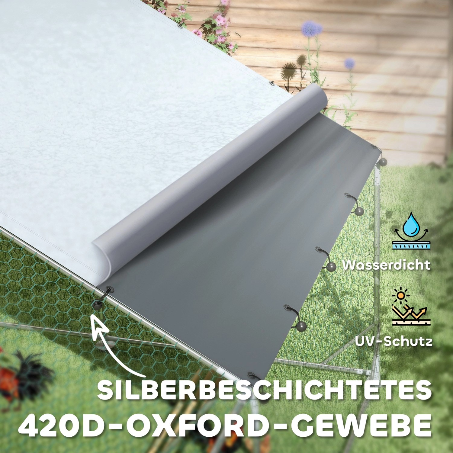 Detailaufnahme: Wasserdichtes, UV-beständiges Oxford-Gewebe des PawHut Hühnerstalls.