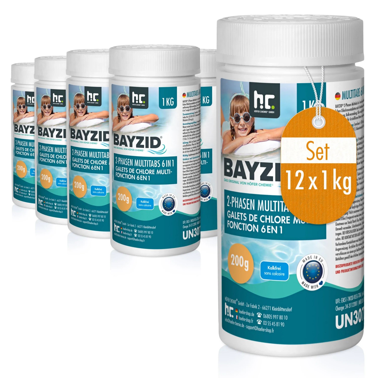 Bayzid 6in1 Multitabs, 12x1kg Set für Poolreinigung. Chlortabletten zur Desinfektion und Algenverhütung.