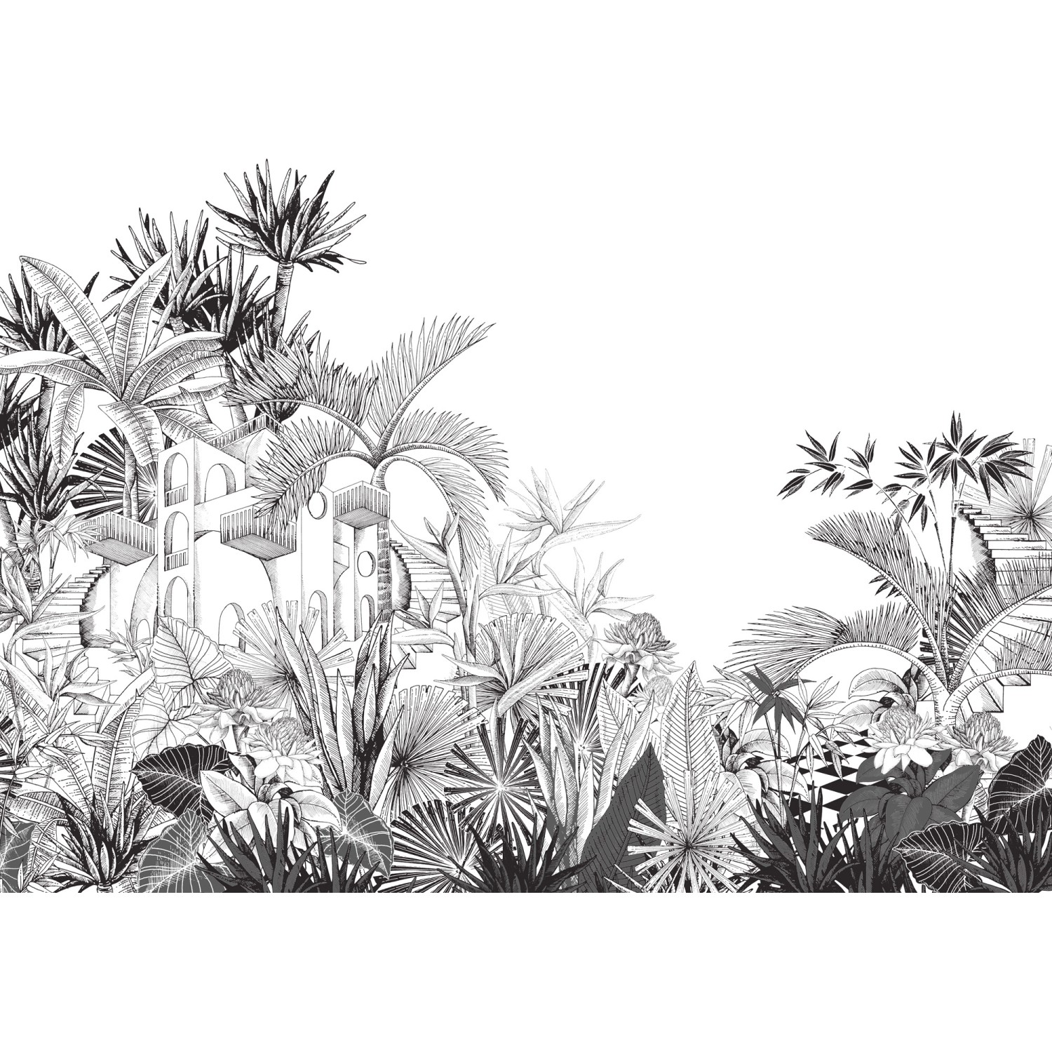 Rasch Digitaltapete Tropical House 688153 Dschungel Schwarz-Weiß 3 m x 4 m günstig online kaufen