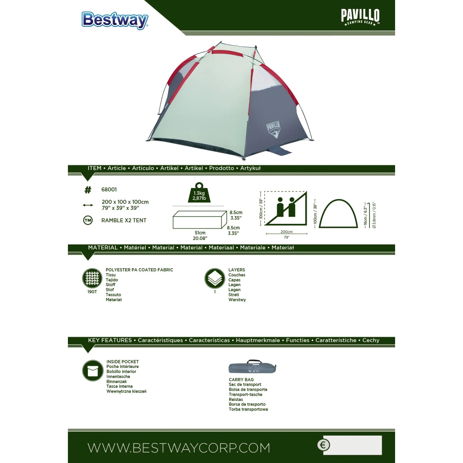 Pavillo Strandmuschel Ramble X2, 200x100x100 cm, ideal für Camping & Strand, leicht und schnell aufgebaut.