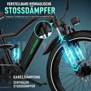 HITWAY E-Bike BK9S: Detail der verstellbaren hydraulischen Gabel- und Zentralfederung für hohen Fahrkomfort.