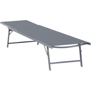 Graue Sonnenliege Casma mit Stahlgestell und Textilbezug. Klappbare Liege für Garten, Balkon oder Terrasse.