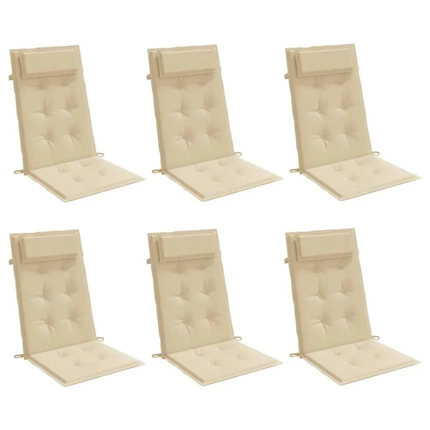 Sechs beige Hochlehner-Auflagen aus Oxford-Gewebe mit Kopfpolster und Steppung für Gartenstühle.