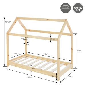 ML-Design Kinderbett 70x140 cm Natur mit Matratze, Hausbett mit Dach und Lattenrost, Maße