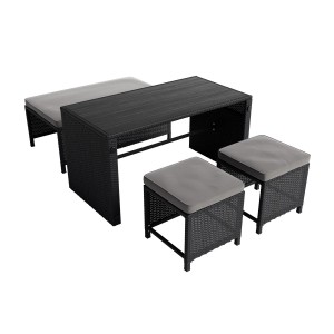 Juskys 2in1 Polyrattan Gartenmöbel Set Jamaika schwarz/grau mit Tisch, Bank und Hockern.