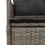 Grauer Poly Rattan Gartensessel mit dunklen Polstern. Detailansicht der geflochtenen Struktur und Kissen.