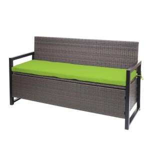 Grau-melierte Poly-Rattan 3er Sitzbank mit Armlehnen und leuchtend grünem Kissen. Gartenmöbel.