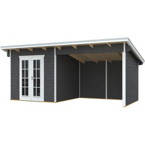 Skan Holz Gartenhaus Texel, schiefergrau, 13,8 m² mit Anbau und Doppeltür.