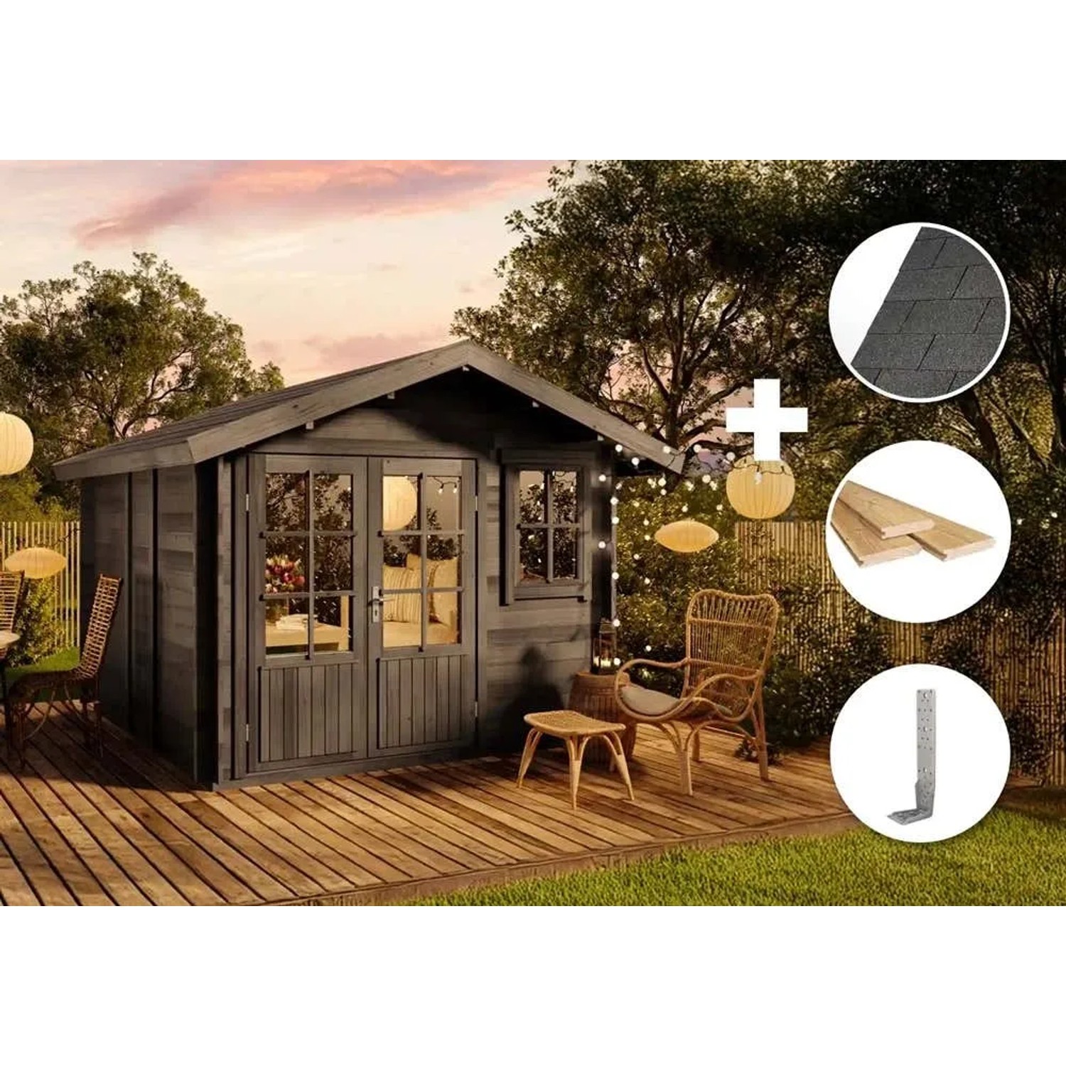 Graues Alpholz Gartenhaus Set Palermo mit Dacheindeckung und Fußboden auf Holzterrasse.
