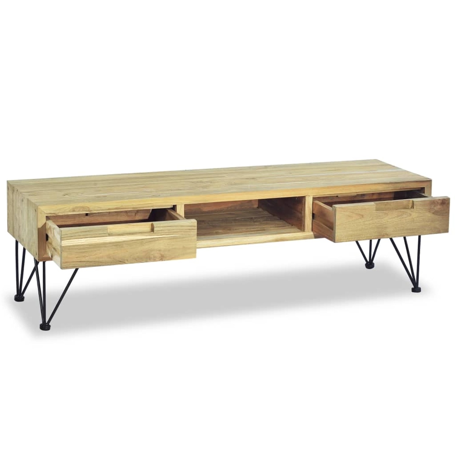 VidaXL TV-Schrank aus massivem Teakholz, 120 cm breit, mit Schubladen und offenem Fach.