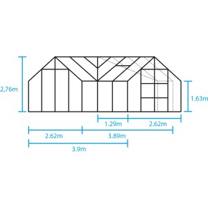 Skizze Halls Gewächshaus GardenRoom Set, 12,9 m², mit Maßangaben zu Höhe, Breite und Tiefe.