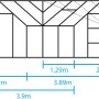 Skizze Halls Gewächshaus GardenRoom Set, 12,9 m², mit Maßangaben zu Höhe, Breite und Tiefe.