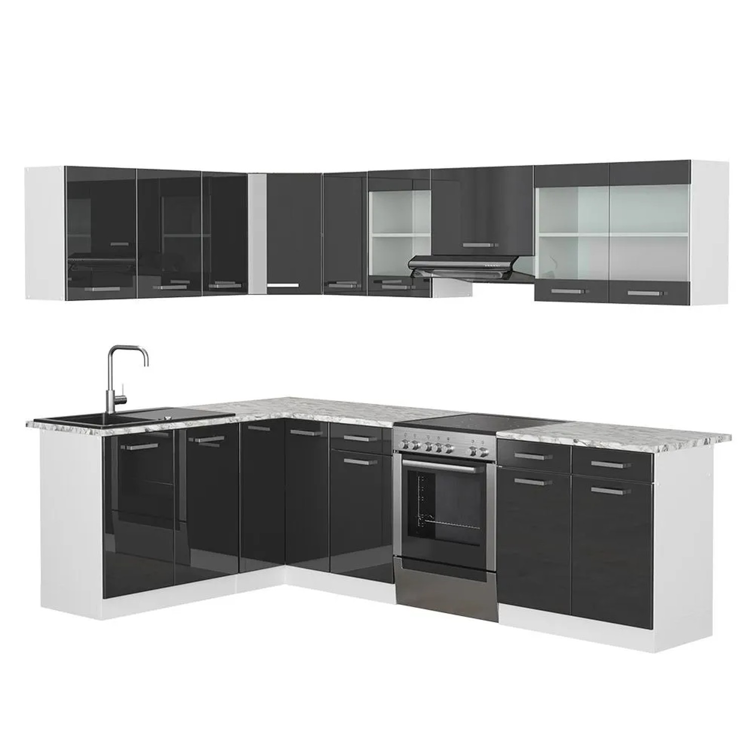 Vicco Eckküche R-Line Anthrazit Hochglanz/Weiß 267 x 82, AP Marmor