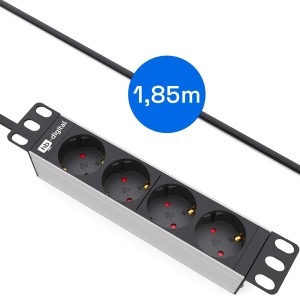 hb-digital 10 Zoll 4-fach Steckdosenleiste für Serverschrank (1HE) mit 1,85m Kabel.