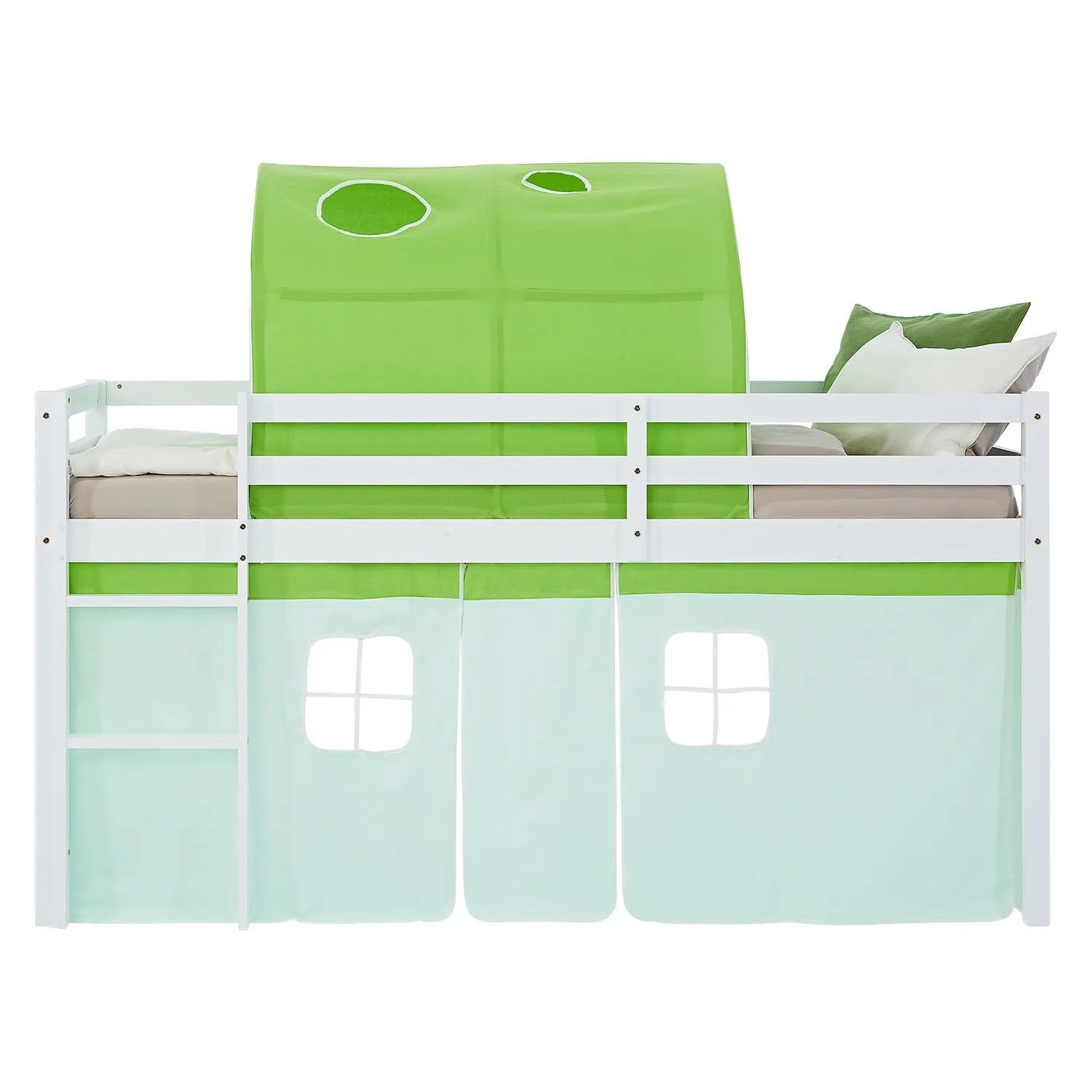 Homestyle4u Kinder Hochbett 90x200 mit Lattenrost Tunnel Vorhang Grün Kinderbett 2973