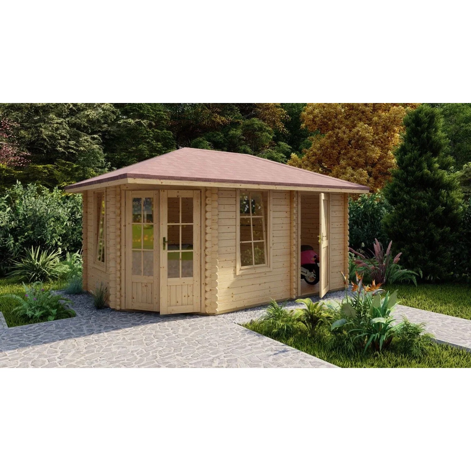 Finn Art Blockhaus Holz-Gartenhaus Norwegen 9 Unbehandelt 450x298 cm mit Abstellraum mit 18mm Fußboden