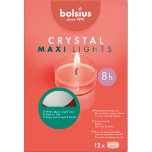 Bolsius Teelichter Crystal Lights Maxi, 12er Pack, weiße Teelichter im transparenten Kunststoff-Cup.