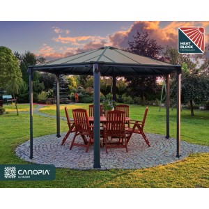 Canopia Gartenpavillon Monaco 3.9 x 4.5 m in Anthrazit mit Tisch und Stühlen.