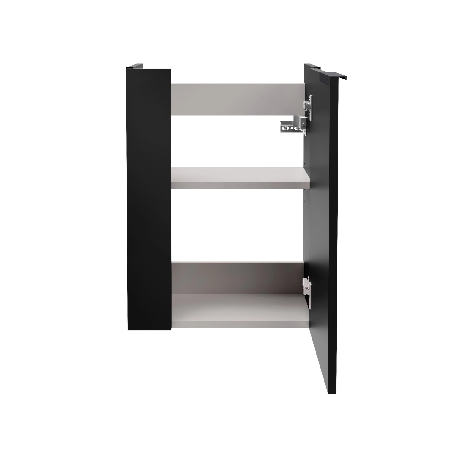 Fackelmann Mini-Waschtischunterschrank SBC, Schwarz Matt, offene Tür mit Einlegeböden.