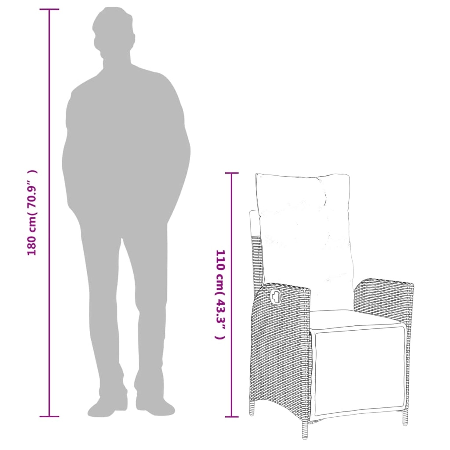 vidaXL Garten-Essgruppe, 5-teilig, grau, Poly Rattan, mit Maßangaben zu Stuhl und Person.