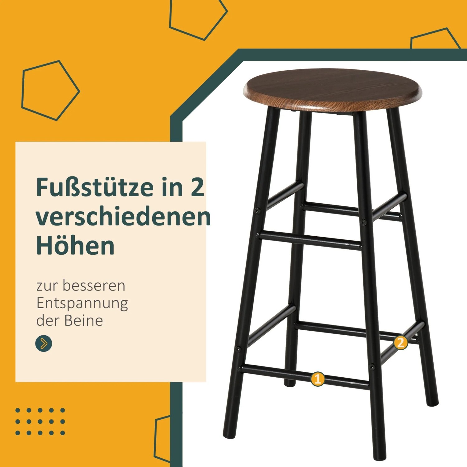 HOMCOM Barhocker im Industrie-Stil: runde Eichenholz-Sitzfläche, schwarzes Metallgestell mit zwei Fußstützen.