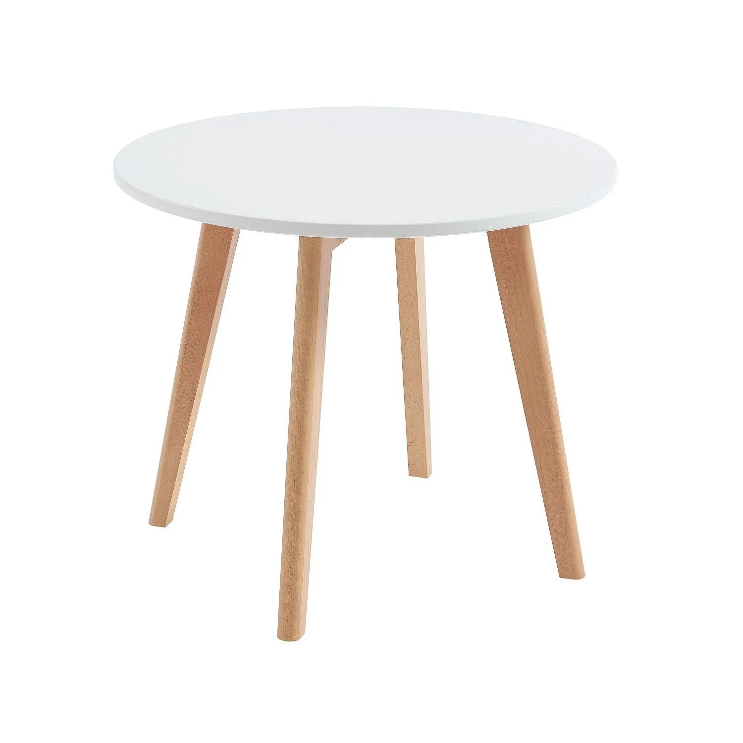 Runder weißer Kindertisch Louloune mit hellen Holzbeinen, skandinavisches Design, 60 cm.