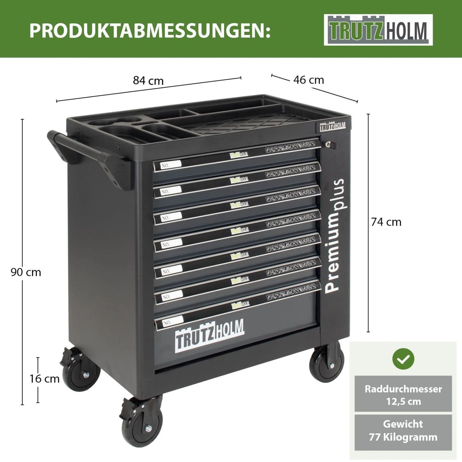 TRUTZHOLM Werkzeugwagen Premium XXL, anthrazit, mit 7 Schubladen und Werkzeug gefüllt.