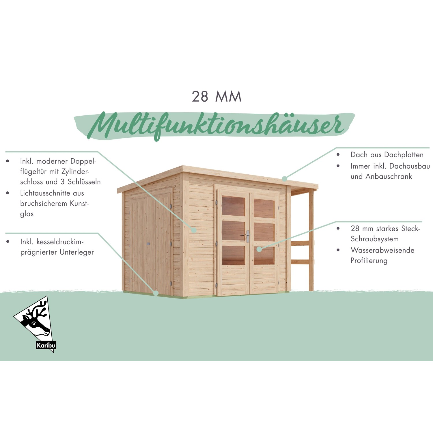 Karibu Gartenhaus mit Schrank und Anbaudach, terragrau, aus nordischer Fichte.