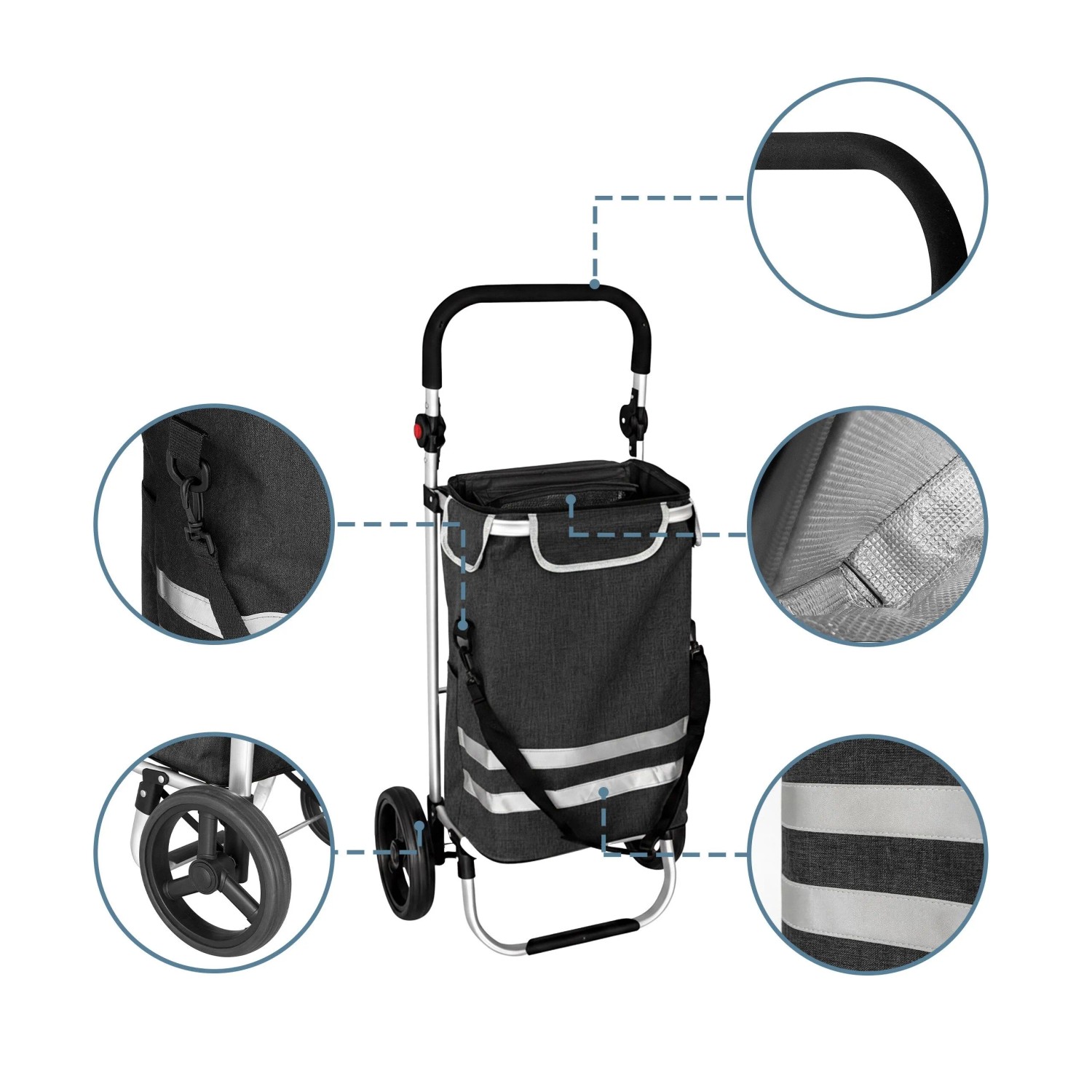 Relaxdays Einkaufstrolley Polyester Aluminium Schwarz Klappbar Mit Kühltasche 45 l 104 cm x 49 cm x 38 cm 2,7 kg_3