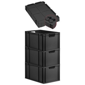 PROREGAL SuperSparSet: 3 schwarze Euroboxen mit Deckel, 65 Liter, stapelbar. Aufbewahrungsboxen für Lager & Transport.