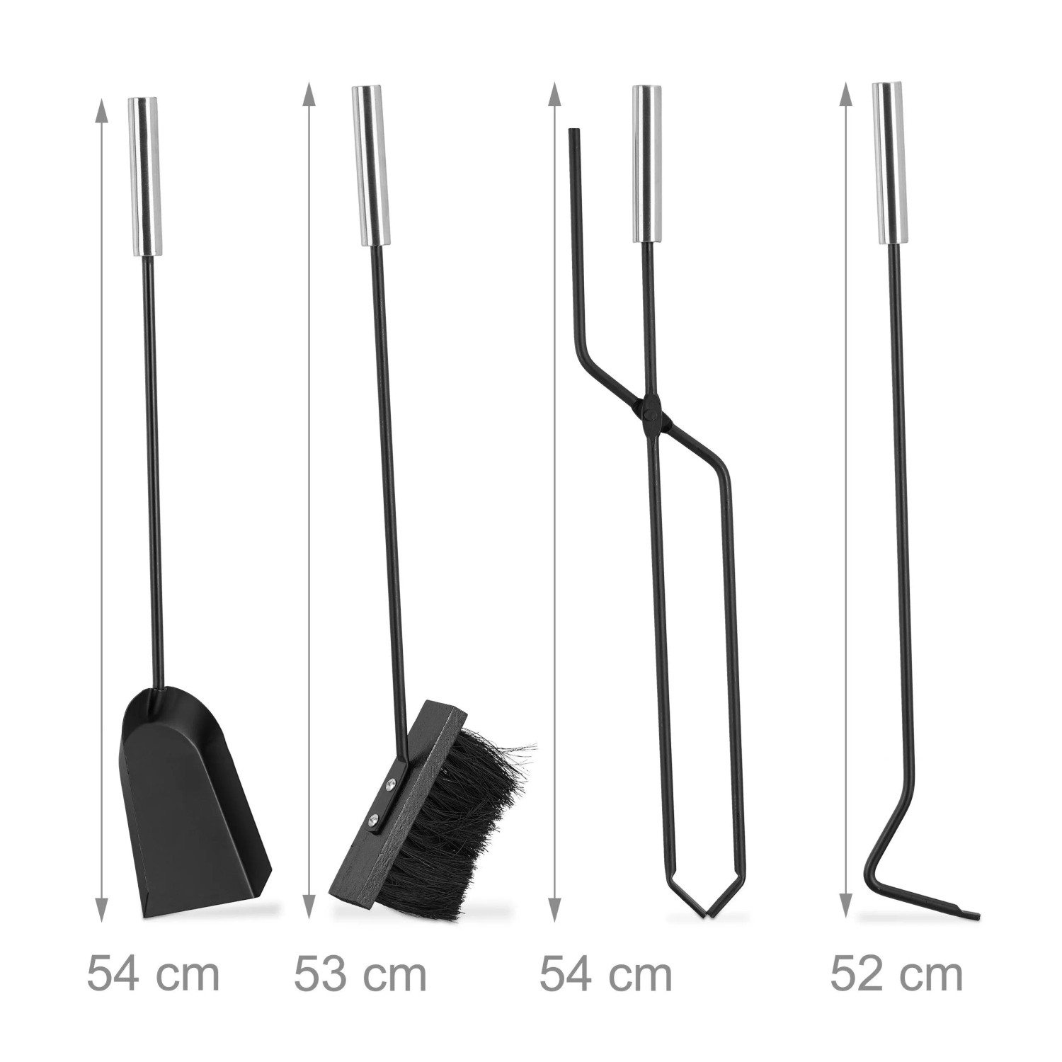 Modernes 4-teiliges Kaminbesteck aus schwarzem Stahl mit silbernen Edelstahlgriffen: Schaufel, Besen, Zange, Schürhaken. Zubehör für Kamine.