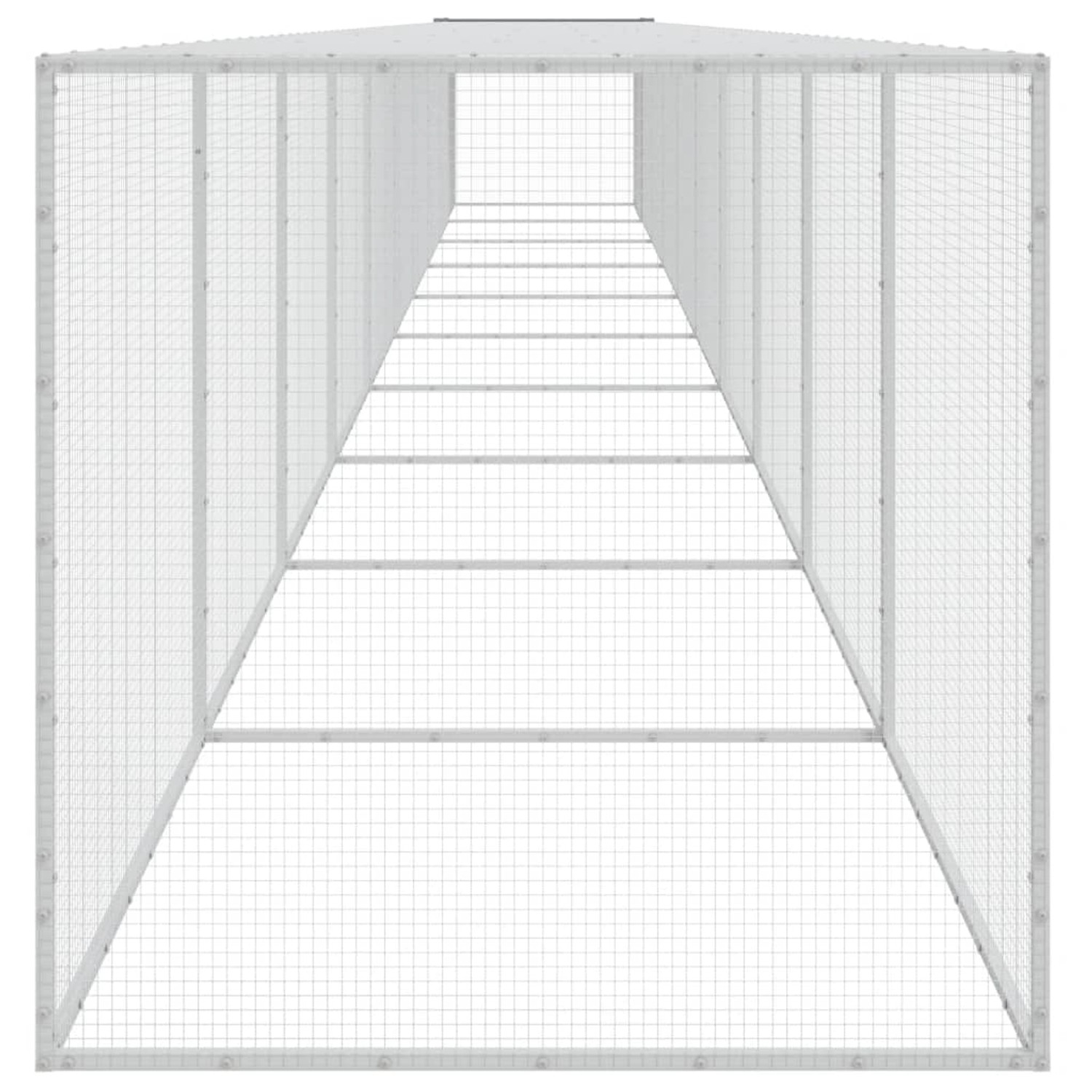 Heller, grauer Hühnerkäfig mit Dach aus verzinktem Stahl, Innenansicht.