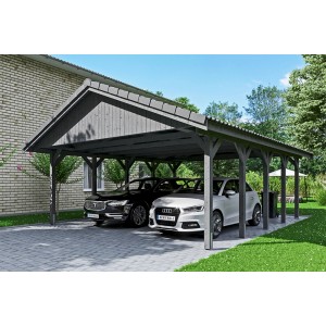 Satteldach-Carport Wallgau in Schiefergrau mit zwei geparkten Autos.