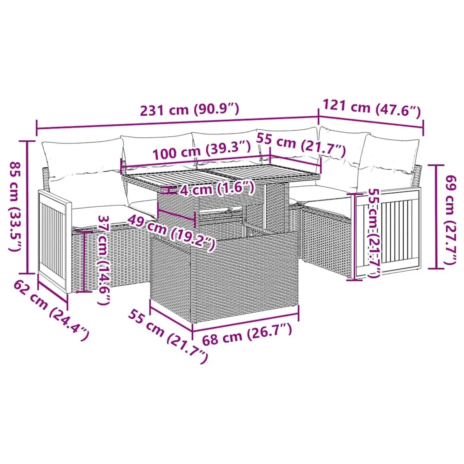 vidaXL 6-tlg. Garten-Sofagarnitur grau, Poly Rattan mit Akazie, Maße eingezeichnet.