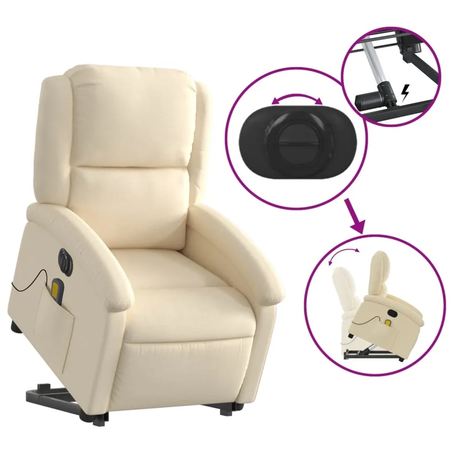 Elektrischer Massagesessel mit Aufstehhilfe, creme Stoff. Relaxsessel mit Massagefunktion und Aufstehfunktion.