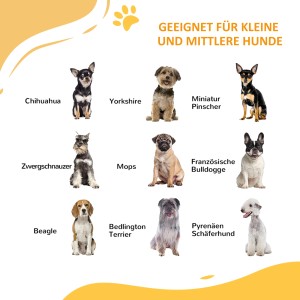 Geeignet für kleine und mittlere Hunde, verschiedene Rassen dargestellt.
