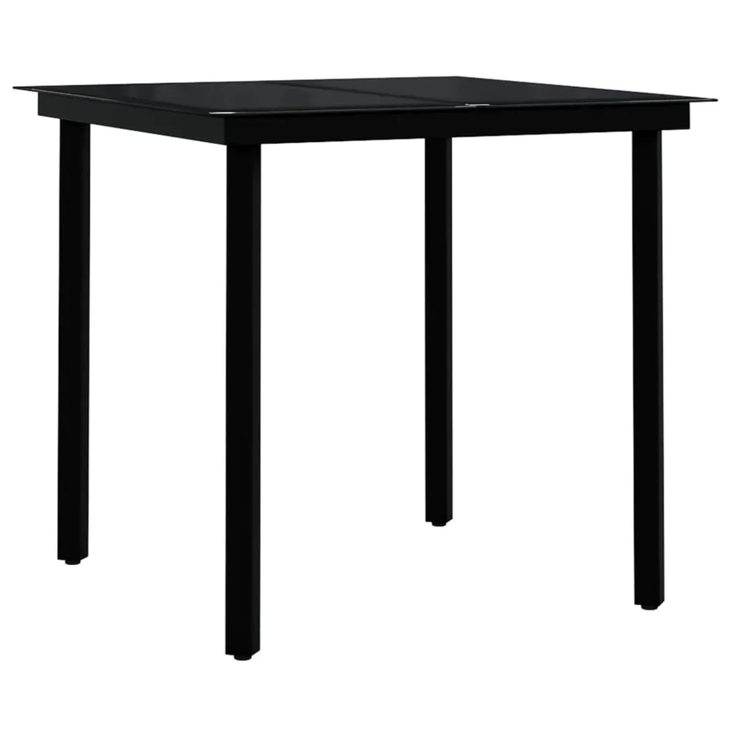 Quadratischer Gartentisch der vidaXL 5-Tlg Essgruppe mit Glasplatte und schwarzem Stahlgestell.