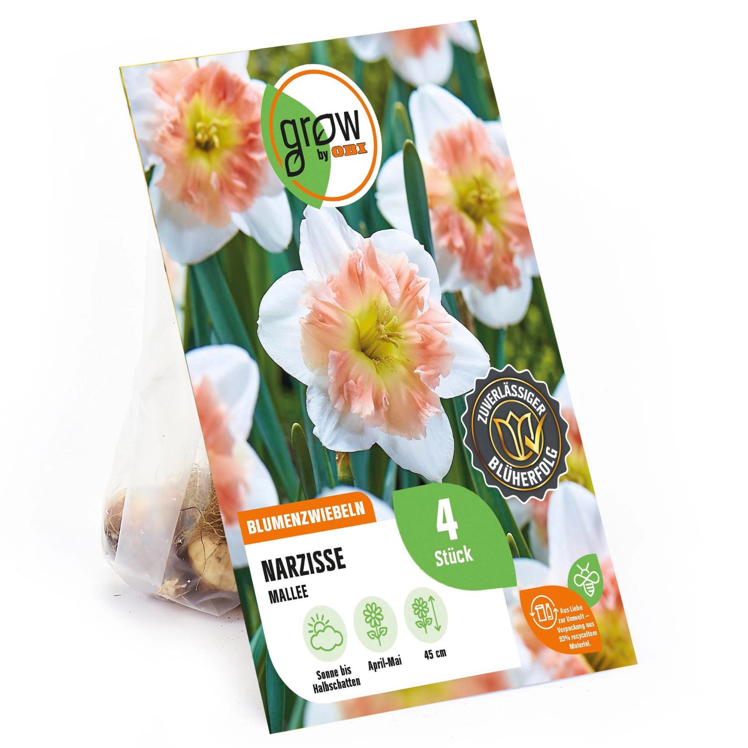Verpackung GROW by OBI Narzisse Mallee, rosa-weiße Blüten, 4 Stück Blumenzwiebeln.