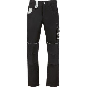 Schwarze Arbeits-Hose mit Cargotaschen, verstärkten Knien und reflektierenden Details. Ideal für Bau-Arbeitsbekleidung.