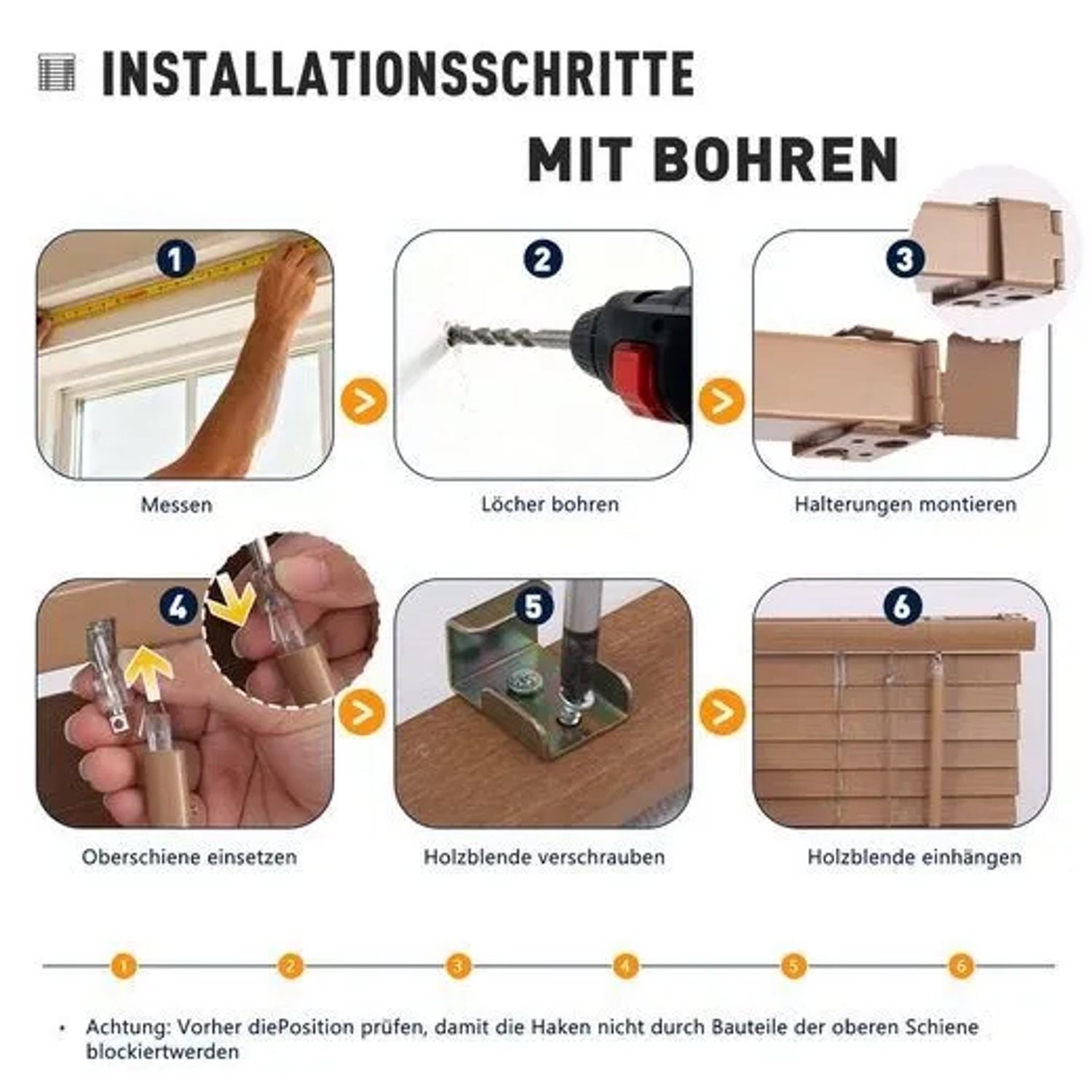 Montageanleitung für Sekey Holzjalousie Walnussholzoptik mit Bohren: Messen, Bohren, Halterungen und Blende anbringen.